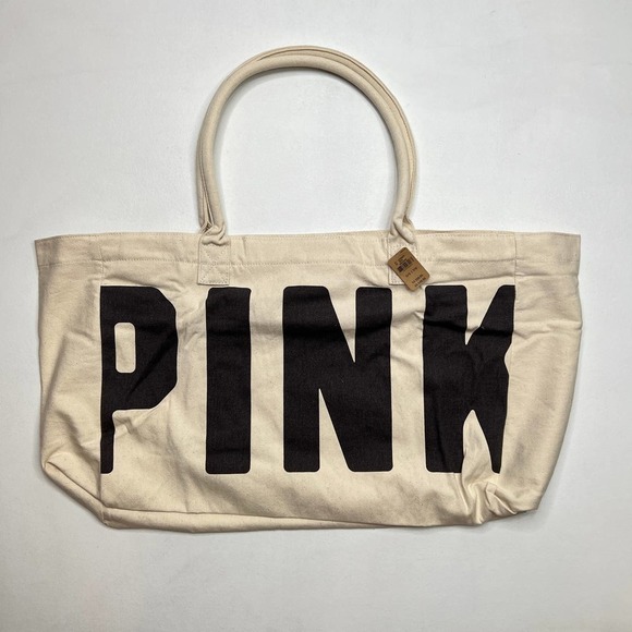 Victoria's Secret Pink 100% Cotton Tote Oversized Zip Top Beach Weekender Bag - Picture 1 of 9